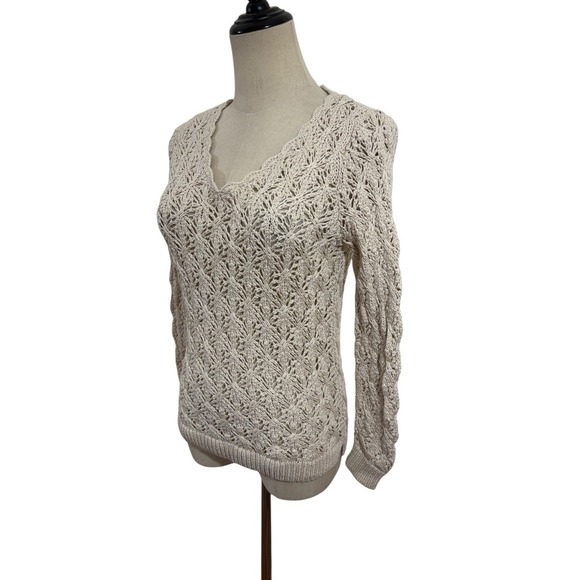 Loft Petite Open Knit Cotton Sweater Cream XS Crochet V Neck Boho Coastal - Picture 3 of 7